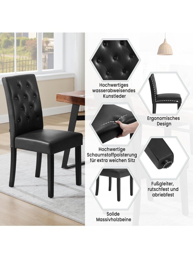 Dining chair set, 2 pcs, faux leather upholstery, padded seats, high backrest, wooden legs, black. 1
