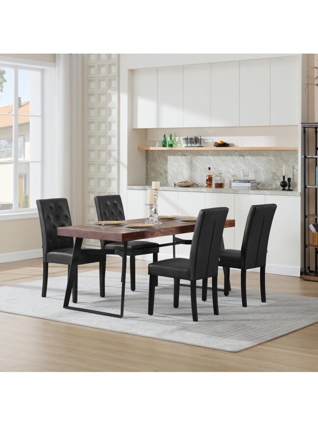 Dining chair set, 2 pcs, faux leather upholstery, padded seats, high backrest, wooden legs, black. 7 Dining chair set, 2 pcs, faux leather upholstery, padded seats, high backrest, wooden legs, black. 7