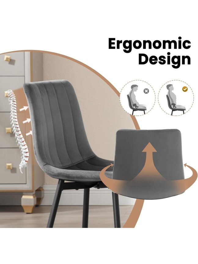 4 söögitooli komplekt, tumehall sametpolster, pehmendatud iste, metalljalad, ergonoomiline seljatugi. 1