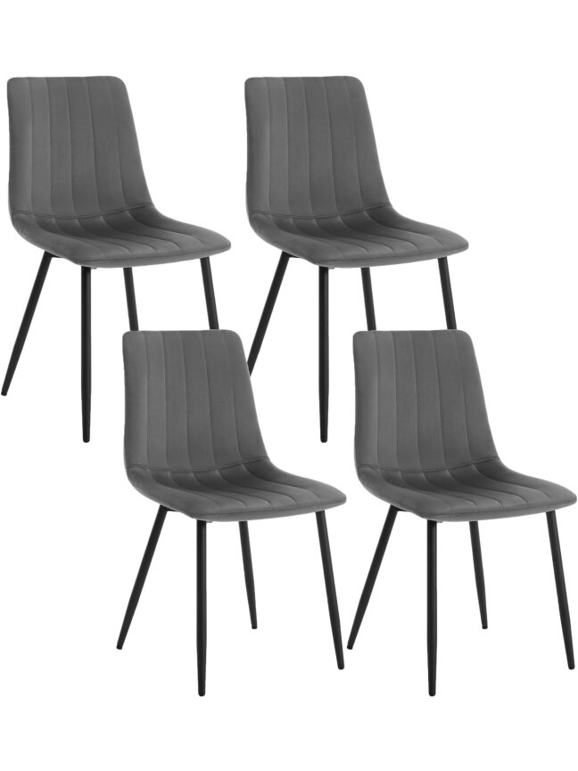 4 söögitooli komplekt, tumehall sametpolster, pehmendatud iste, metalljalad, ergonoomiline seljatugi.