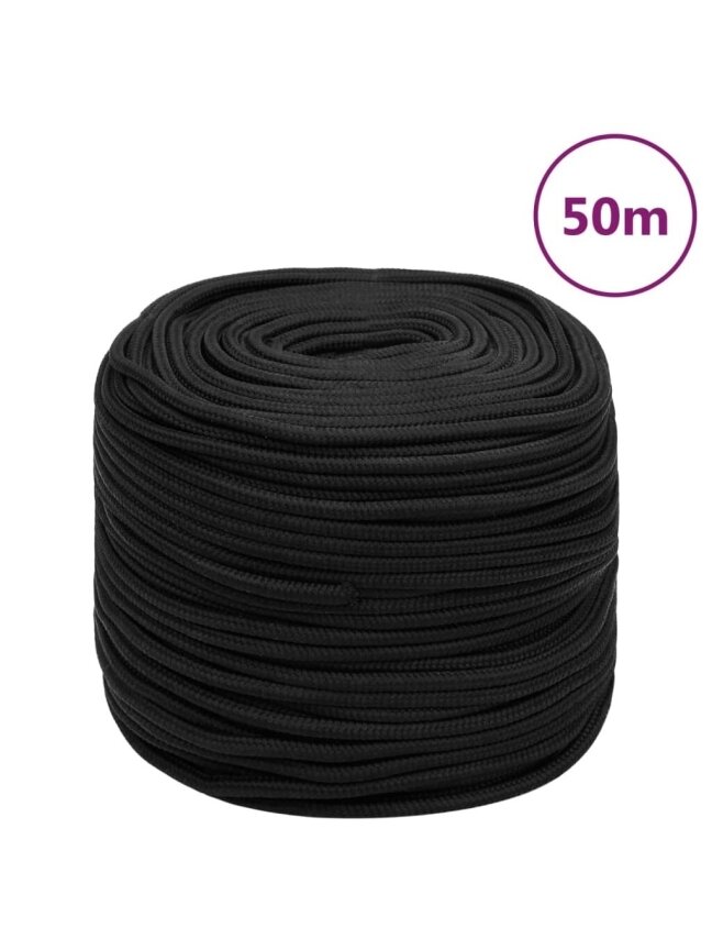 Boat rope, solid black, 8 mm, 50 m, polypropylene