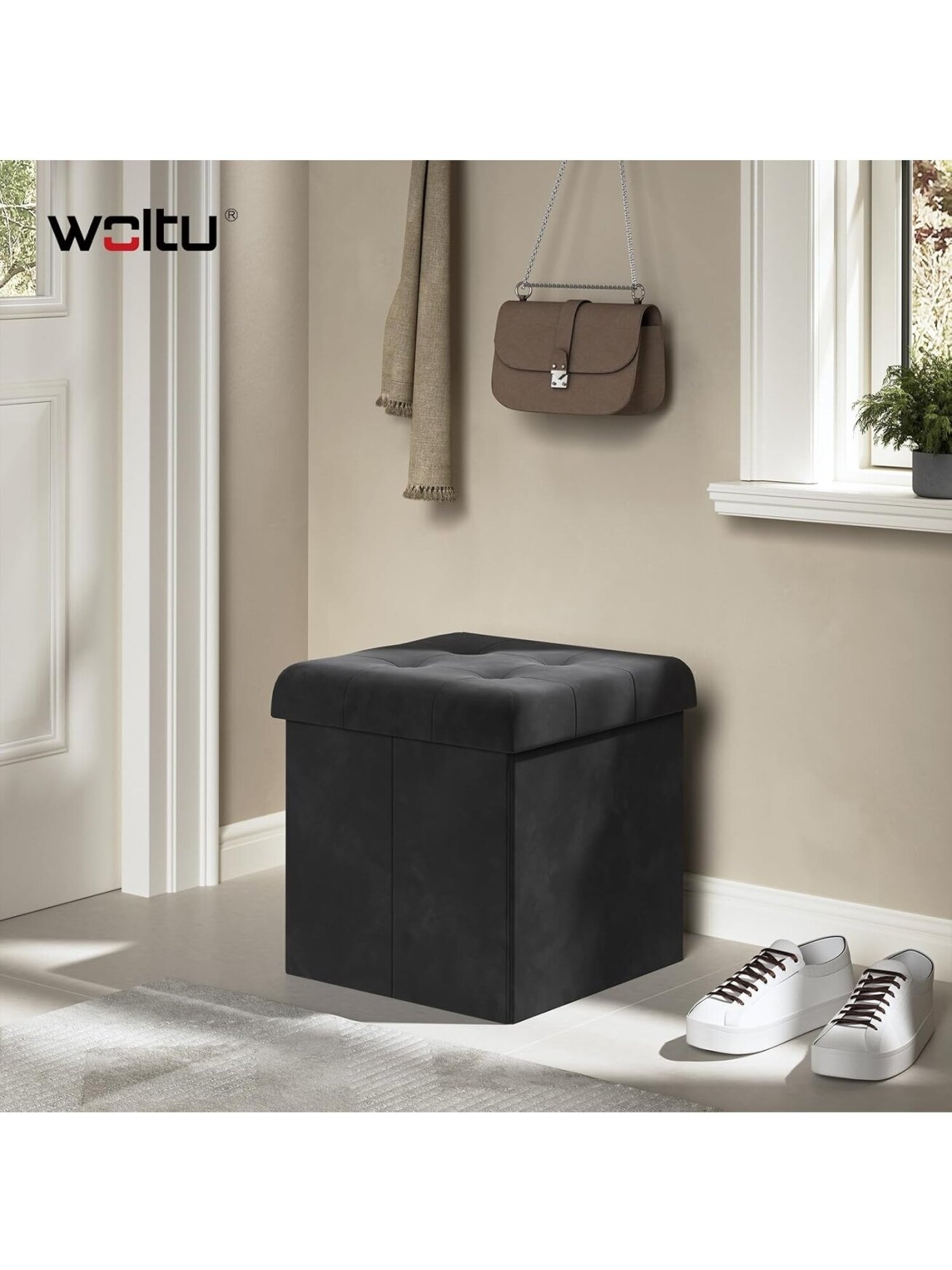 Velvet storage ottoman stool, folding footrest, 37.5 × 37.5 × 38 cm, black.