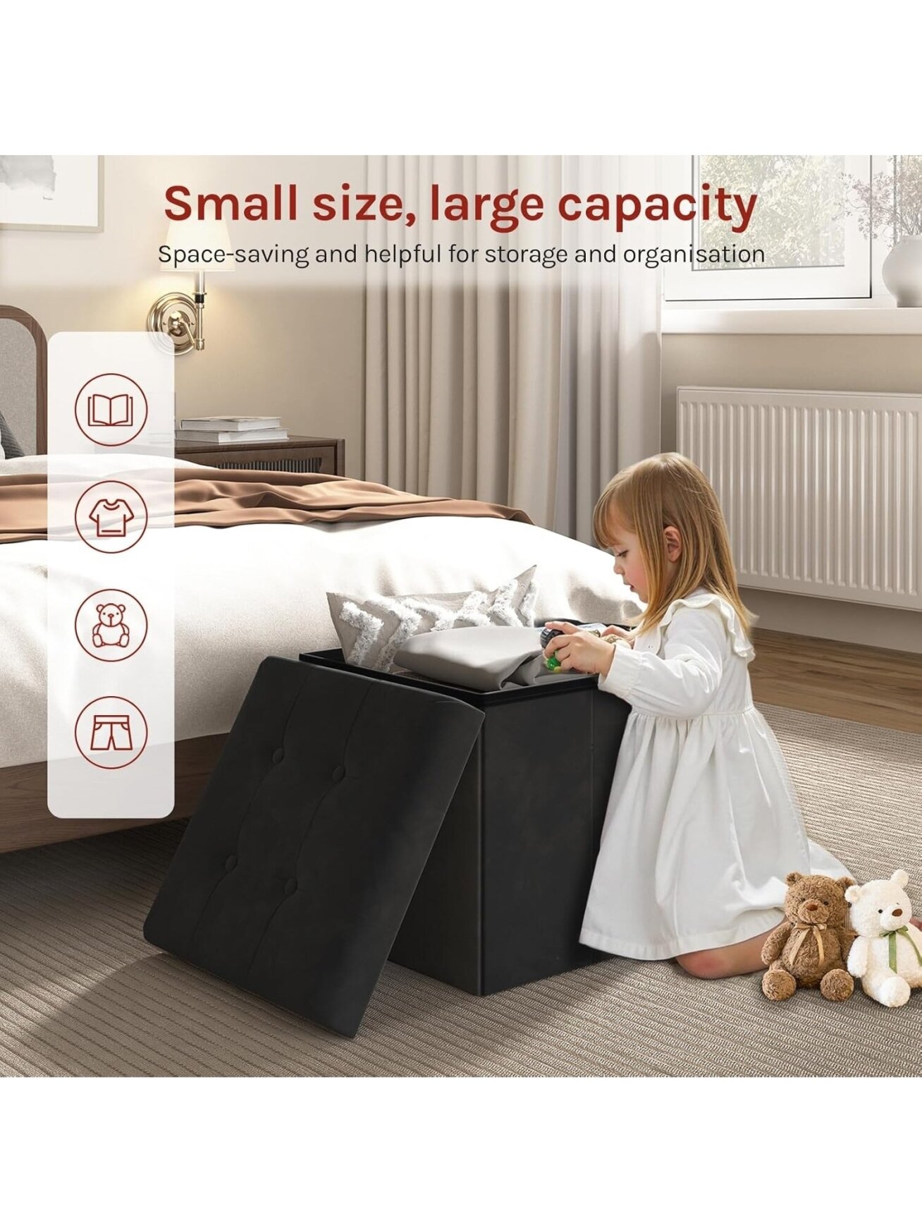 Velvet storage ottoman stool, folding footrest, 37.5 × 37.5 × 38 cm, black. 7