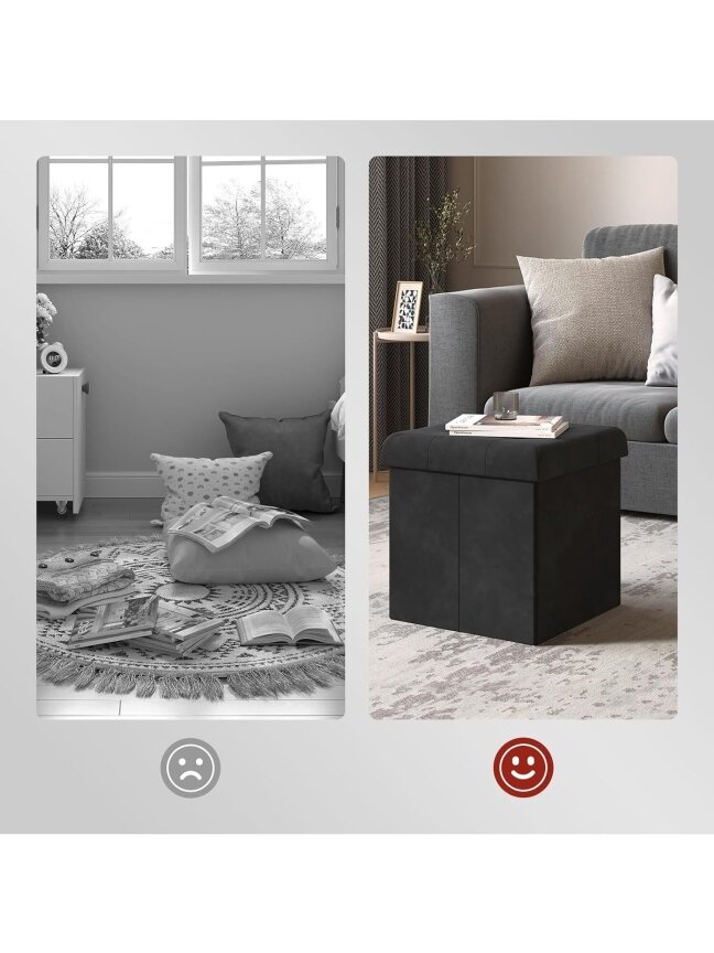 Velvet storage ottoman stool, folding footrest, 37.5 × 37.5 × 38 cm, black. 4