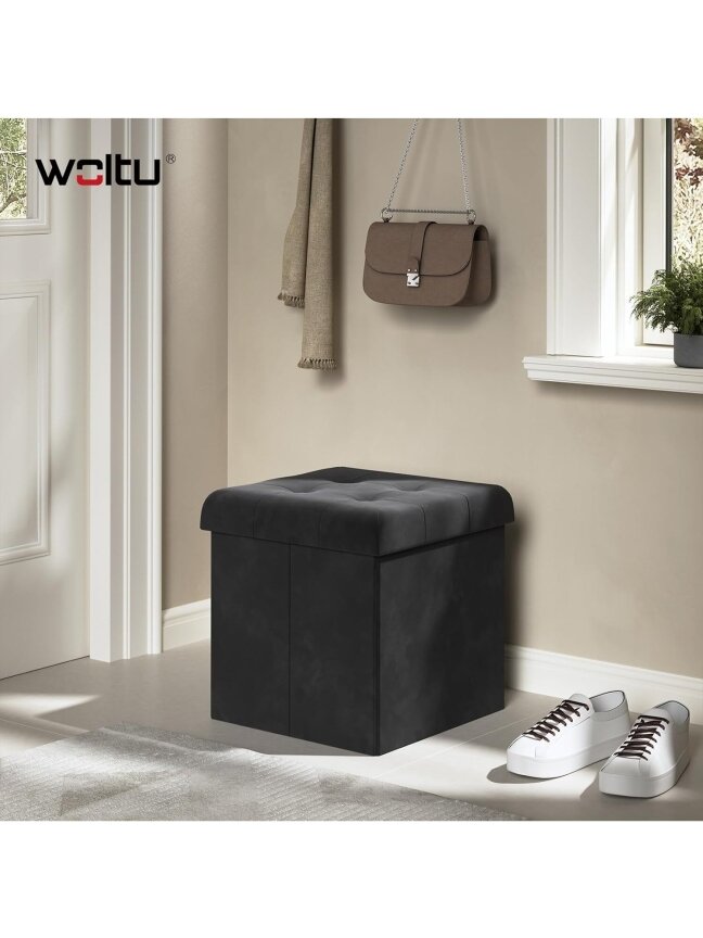 Velvet storage ottoman stool, folding footrest, 37.5 × 37.5 × 38 cm, black.