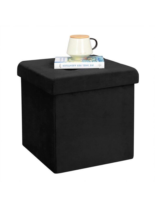 Velvet storage ottoman stool, folding footrest, 37.5 × 37.5 × 38 cm, black. 2
