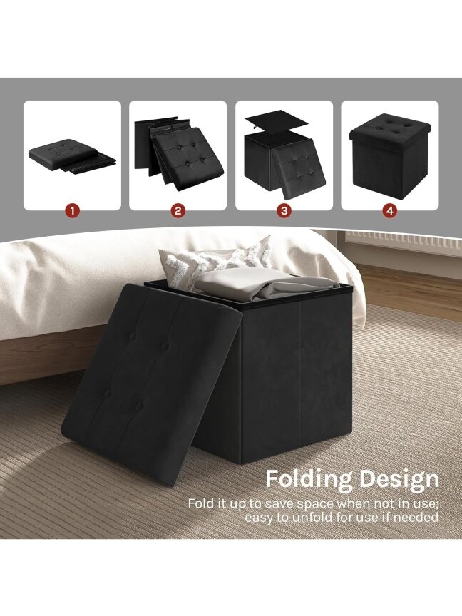 Velvet storage ottoman stool, folding footrest, 37.5 × 37.5 × 38 cm, black. 1