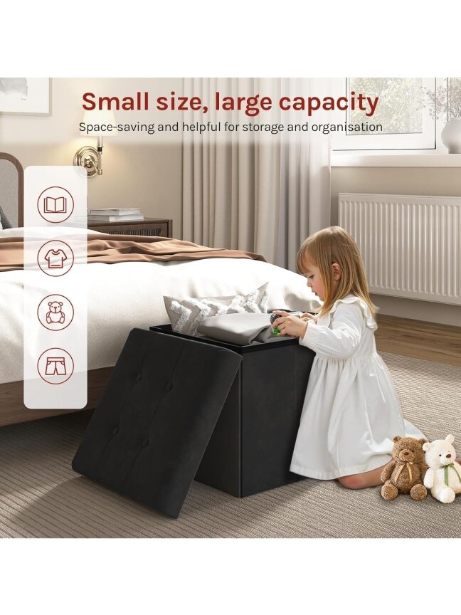 Velvet storage ottoman stool, folding footrest, 37.5 × 37.5 × 38 cm, black. 7