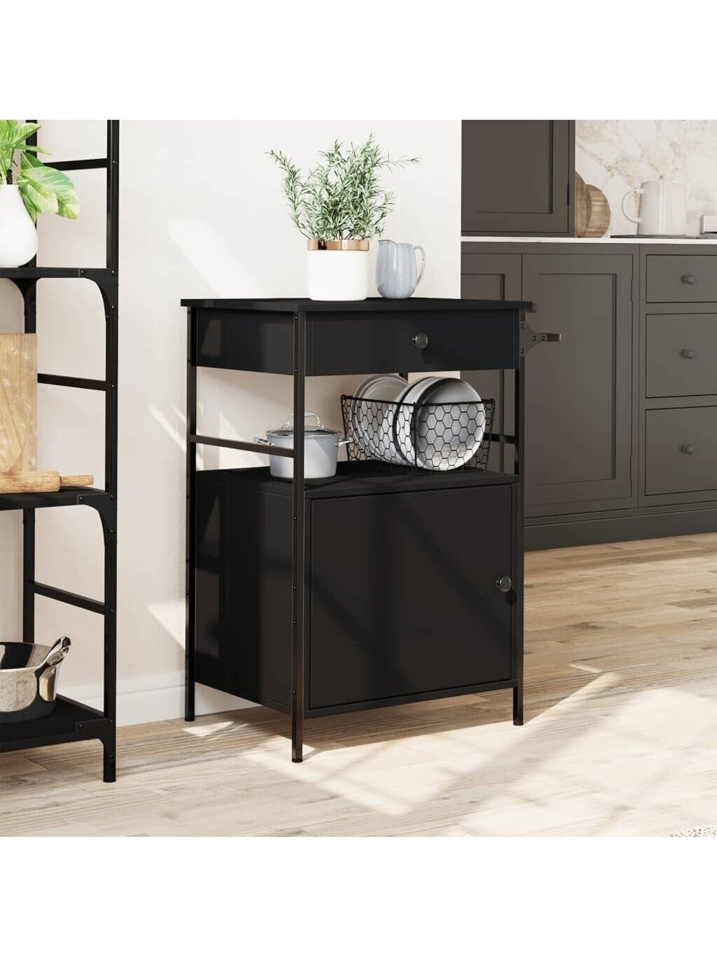 Kitchen Trolley, Black, 56 × 43 × 89.5 cm, Engineered Wood 1