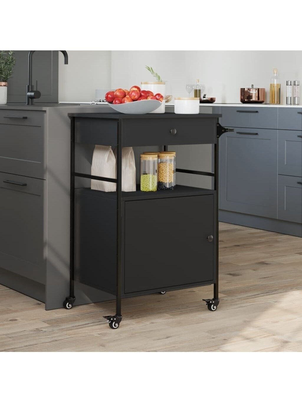 Kitchen Trolley, Black, 56 × 43 × 89.5 cm, Engineered Wood