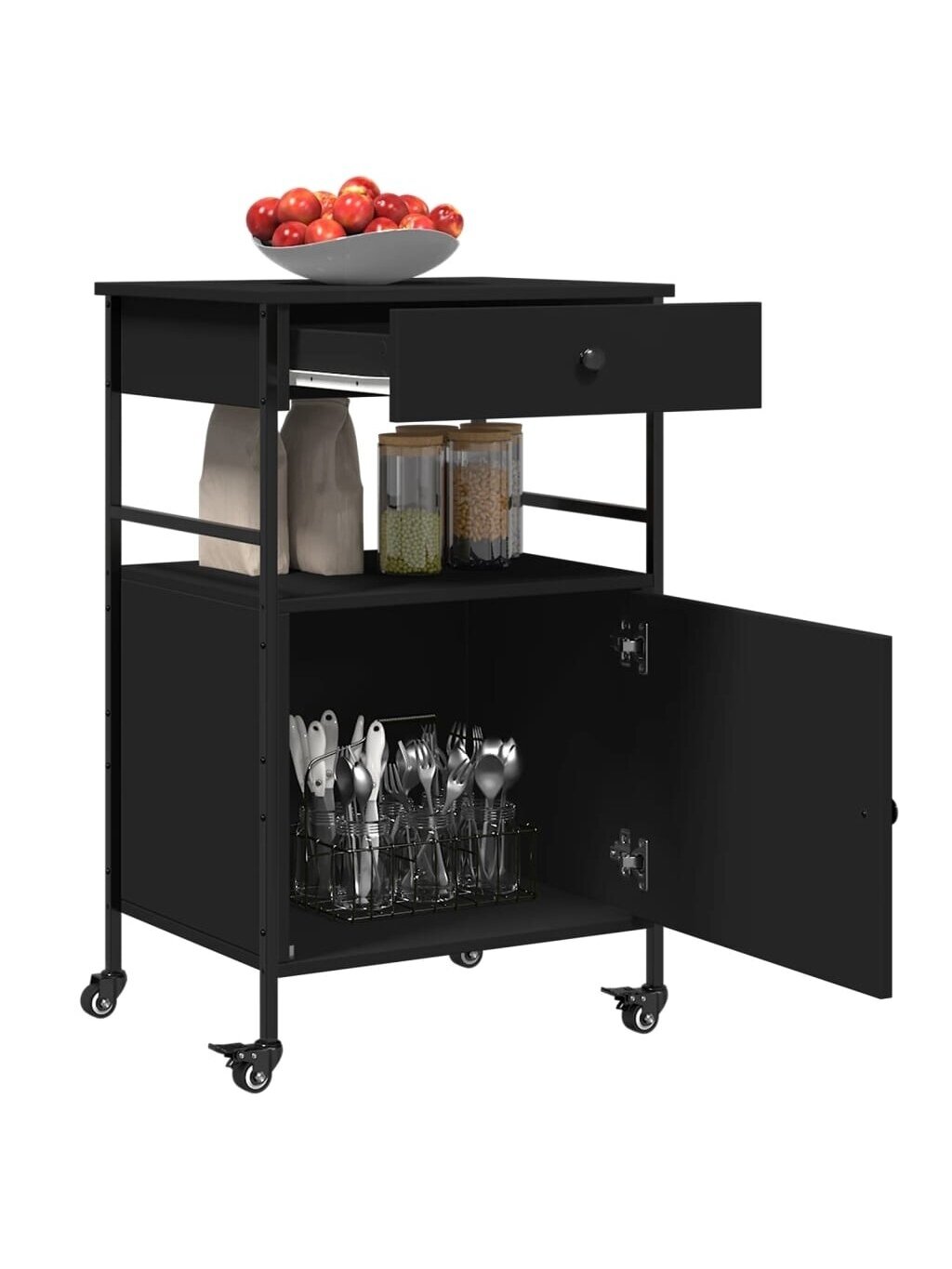 Kitchen Trolley, Black, 56 × 43 × 89.5 cm, Engineered Wood 3