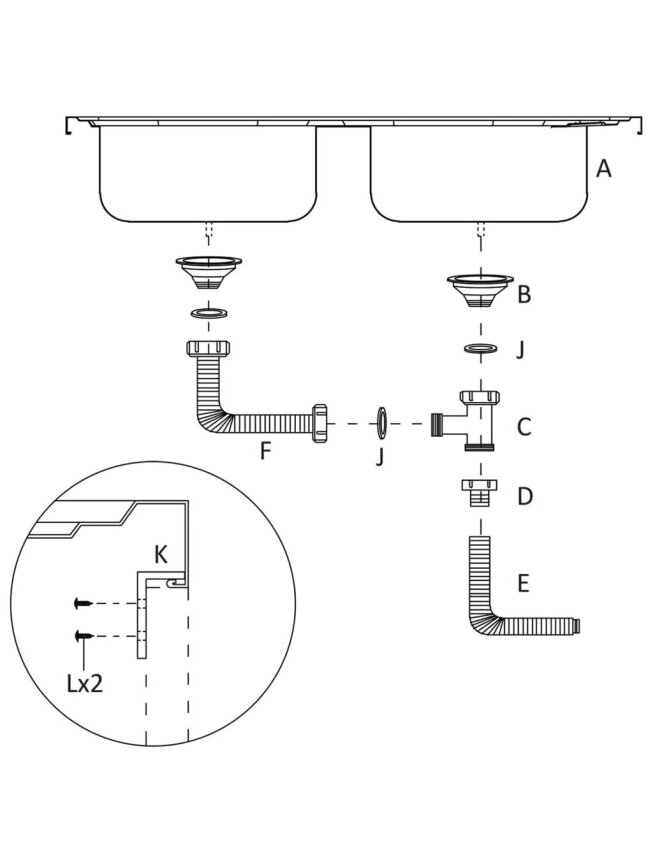 Kahe valamuga köögivalamu, 1200 × 500 × 155 mm, teras 7