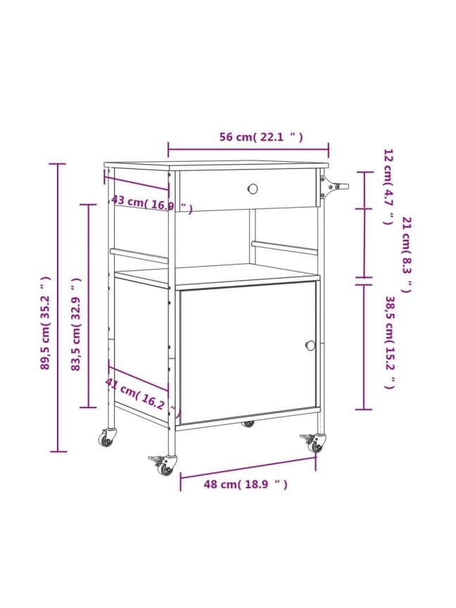 Kitchen Trolley, Black, 56 × 43 × 89.5 cm, Engineered Wood 9