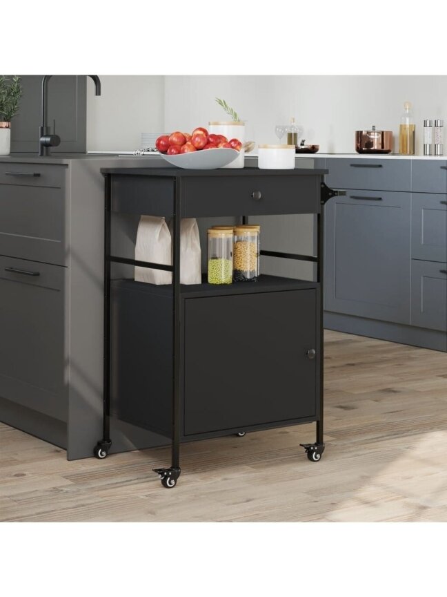 Kitchen Trolley, Black, 56 × 43 × 89.5 cm, Engineered Wood