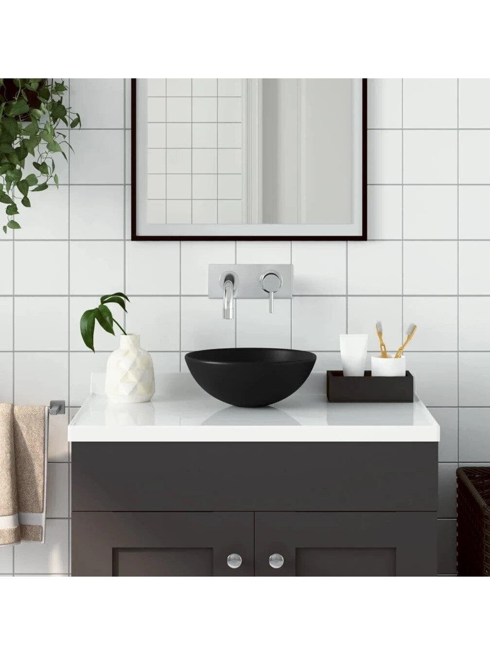 Bathroom sink, matte black, ceramic, round