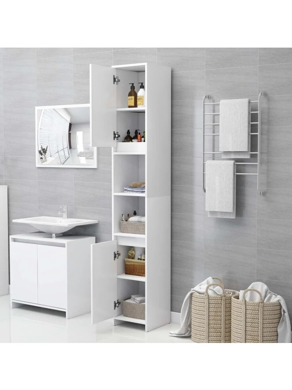 Bathroom cabinet, White, 30×30×183.5 cm, Wood 1 Bathroom cabinet, White, 30×30×183.5 cm, Wood 1