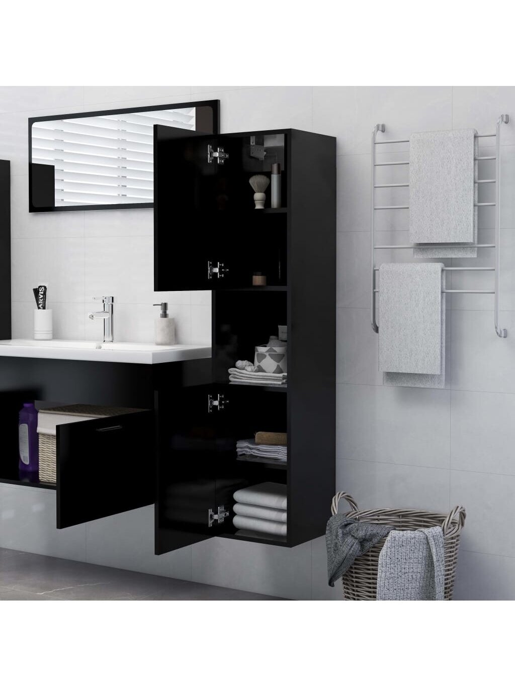 Bathroom Cabinet, Black, 30×30×130 cm, Processed Wood 1