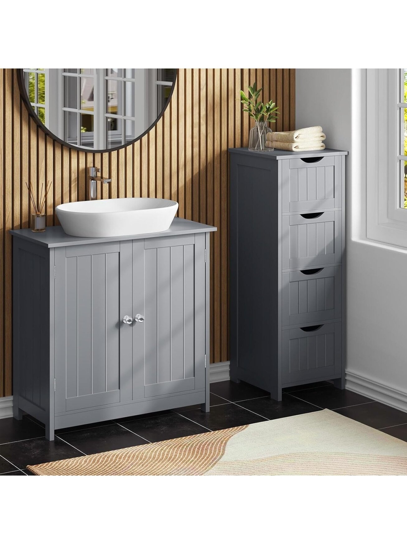 Bathroom cabinet under sink, light grey color, 60 x 30 x 60 cm.