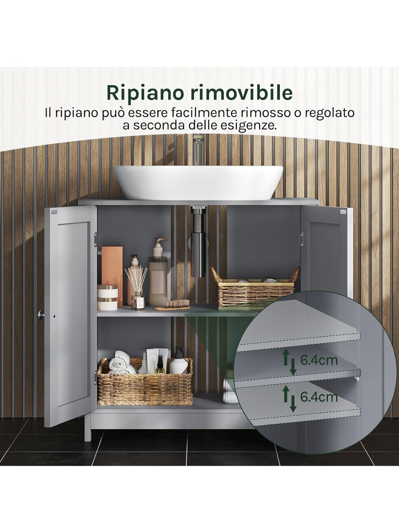 Bathroom cabinet under sink, light grey color, 60 x 30 x 60 cm. 6