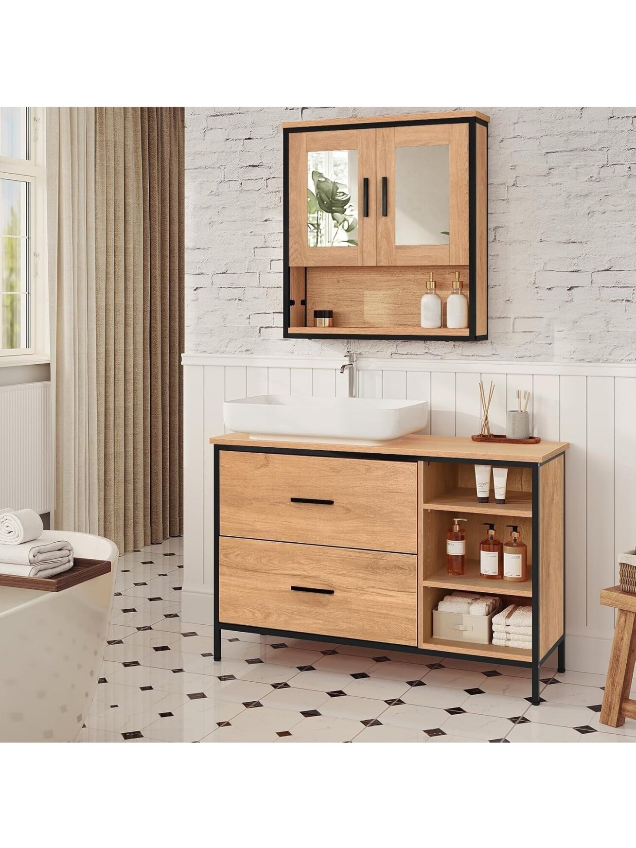 Bathroom cabinet with 2 drawers and 3 open compartments. 1 Bathroom cabinet with 2 drawers and 3 open compartments. 1