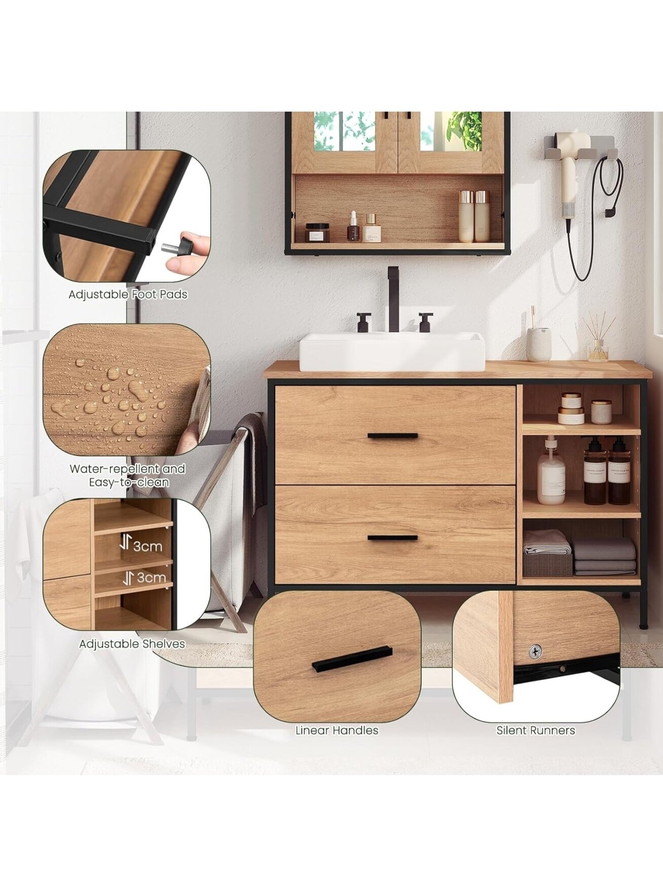 Bathroom cabinet with 2 drawers and 3 open compartments. 8 Bathroom cabinet with 2 drawers and 3 open compartments. 8