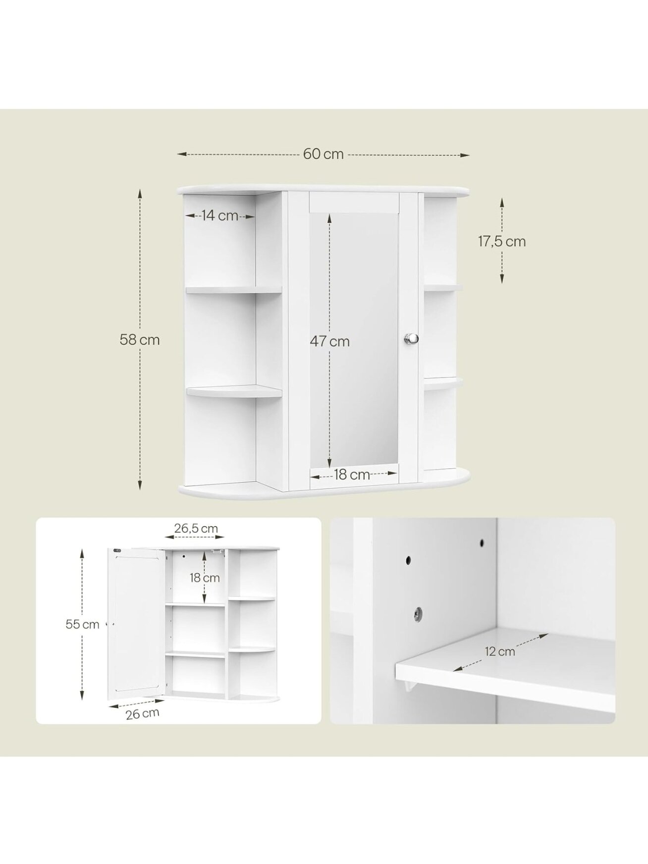 Bathroom wall-mounted mirror cabinet with doors, approx. 60 x 58 x 16 cm, white. 2