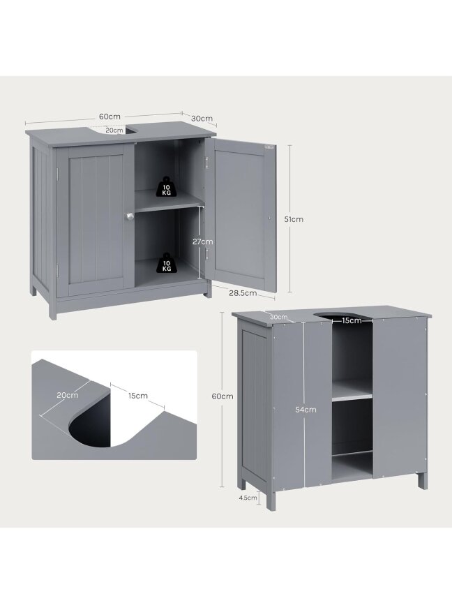 Bathroom cabinet under sink, light grey color, 60 x 30 x 60 cm. 2