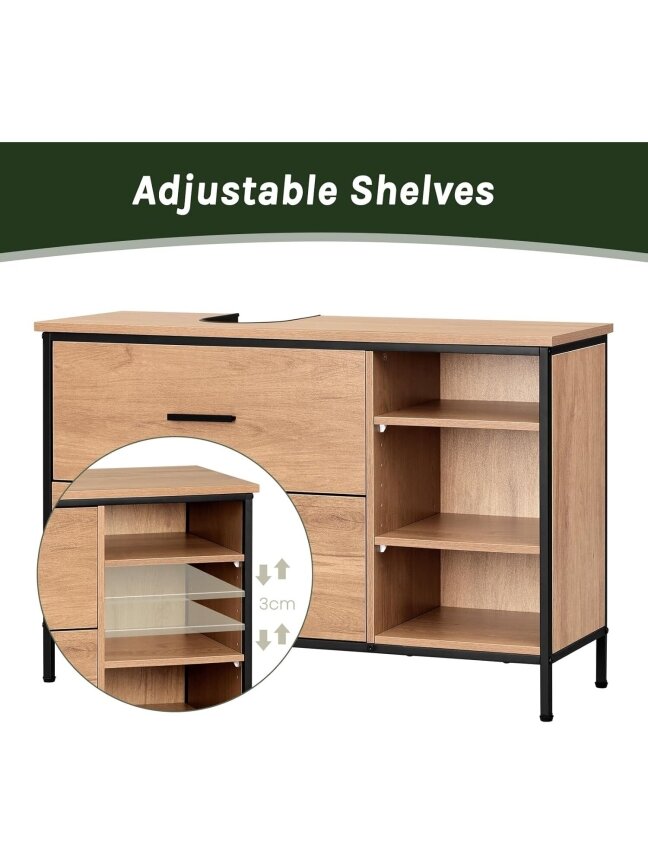 Bathroom cabinet with 2 drawers and 3 open compartments. 6 Bathroom cabinet with 2 drawers and 3 open compartments. 6