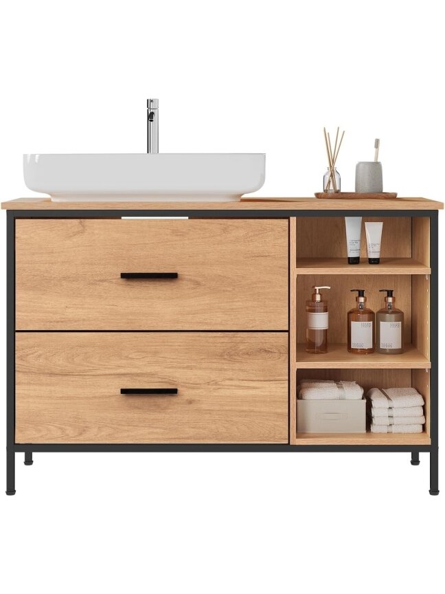 Bathroom cabinet with 2 drawers and 3 open compartments. 3 Bathroom cabinet with 2 drawers and 3 open compartments. 3