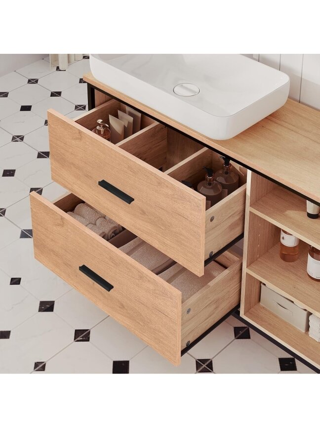 Bathroom cabinet with 2 drawers and 3 open compartments. 7 Bathroom cabinet with 2 drawers and 3 open compartments. 7