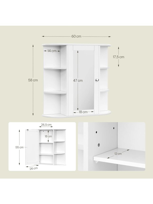 Bathroom wall-mounted mirror cabinet with doors, approx. 60 x 58 x 16 cm, white. 2