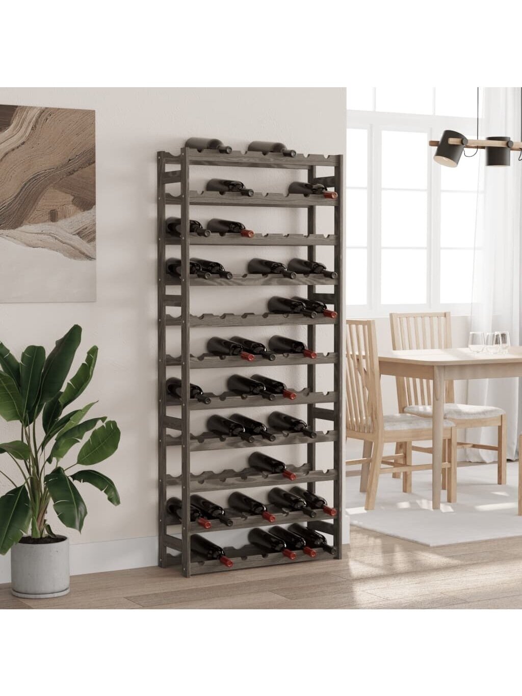 Wine rack for 77 bottles, gray, solid pine wood