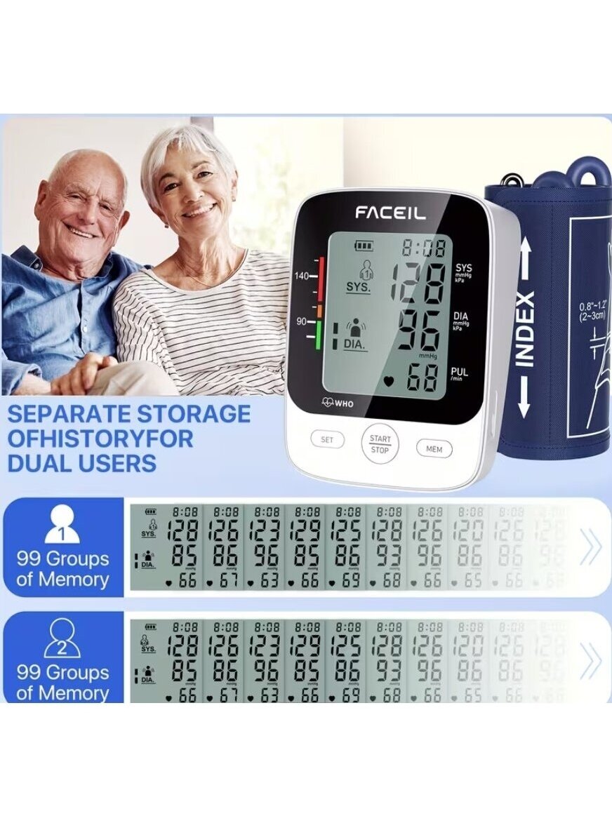 Automatic Upper Arm Blood Pressure Monitor for Home Use, 2×99 Memory, LED Display 3